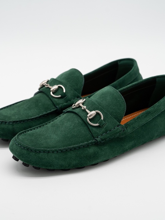size 9G 9.5 US Gucci Driver Horsebit Suede Green Loafers